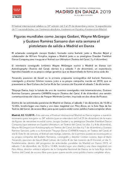 festivales  Figuras mundiales como Jacopo Godani, Wayne McGregor y Gustavo Ramírez Sansano en Madrid en Danza