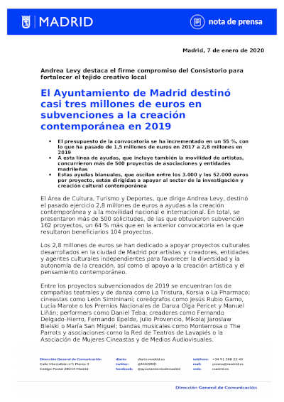 contemporanea  El Ayuntamiento de Madrid destinó casi tres millones de euros en subvenciones a la creación contemporánea en 2019