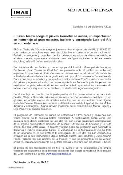 El Gran Teatro acoge Córdoba en danza, espectáculo en homenaje al gran maestro, bailarín y coreógrafo Luis del Río | Danza Ballet