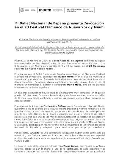 El Ballet Nacional de España presenta Invocación en el 23 Festival Flamenco de Nueva York y Miami | Danza Ballet