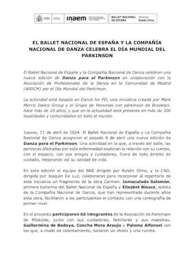 Ballet Nacional de España y Compañía Nacional de Danza celebran el Día Mundial del Párkinson | Danza Ballet