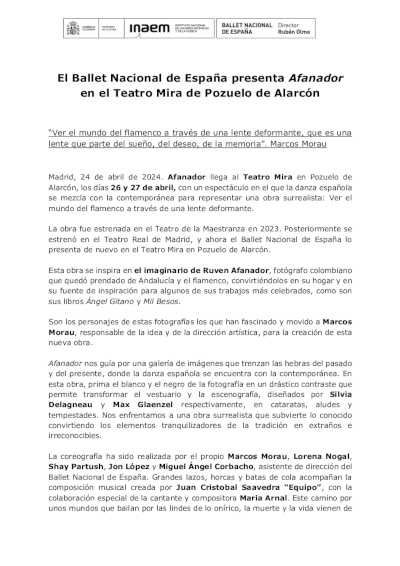 El Ballet Nacional de España presenta Afanador en el Teatro Mira de Pozuelo de Alarcón | Danza Ballet El Ballet Nacional de España presenta Afanador en el Teatro Mira de Pozuelo de Alarcón | Danza Ballet