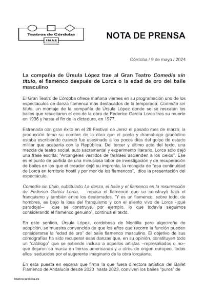 La compañía de Úrsula López trae al Gran Teatro Comedia sin título | Danza Ballet