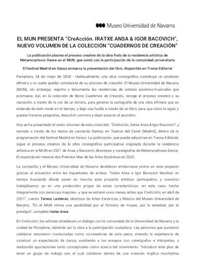 El MUN presenta CreAcción. Iratxe Ansa & Igor Bacovich, nuevo volumen de Cuadernos de Creación | Danza Ballet