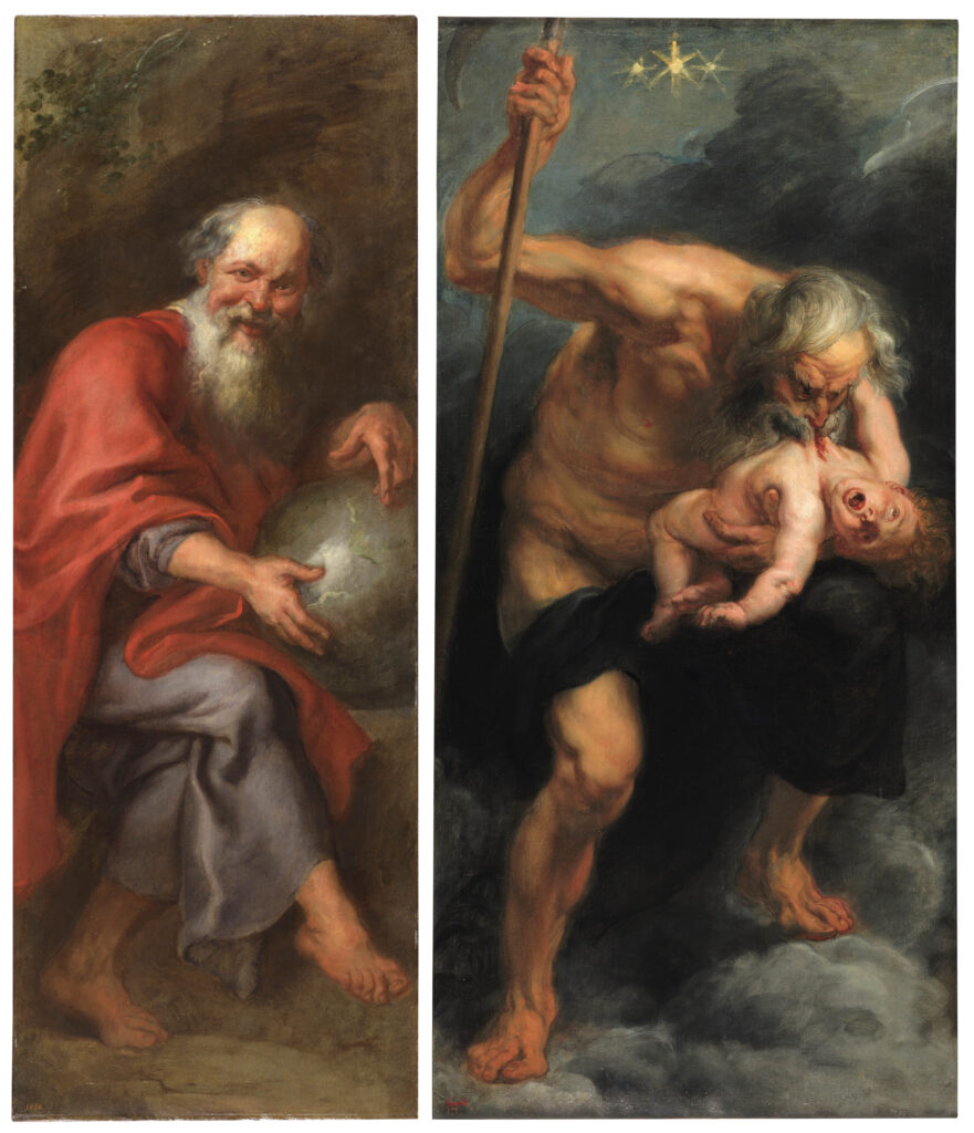 Taller de Pedro Pablo Rubens. Demócrito, el filósofo que ríe, 1636-1639. Museo Nacional del Prado<br>Pedro Pablo Rubens.  Saturno devorando a un hijo, 1636-1639. Museo Nacional del Prado