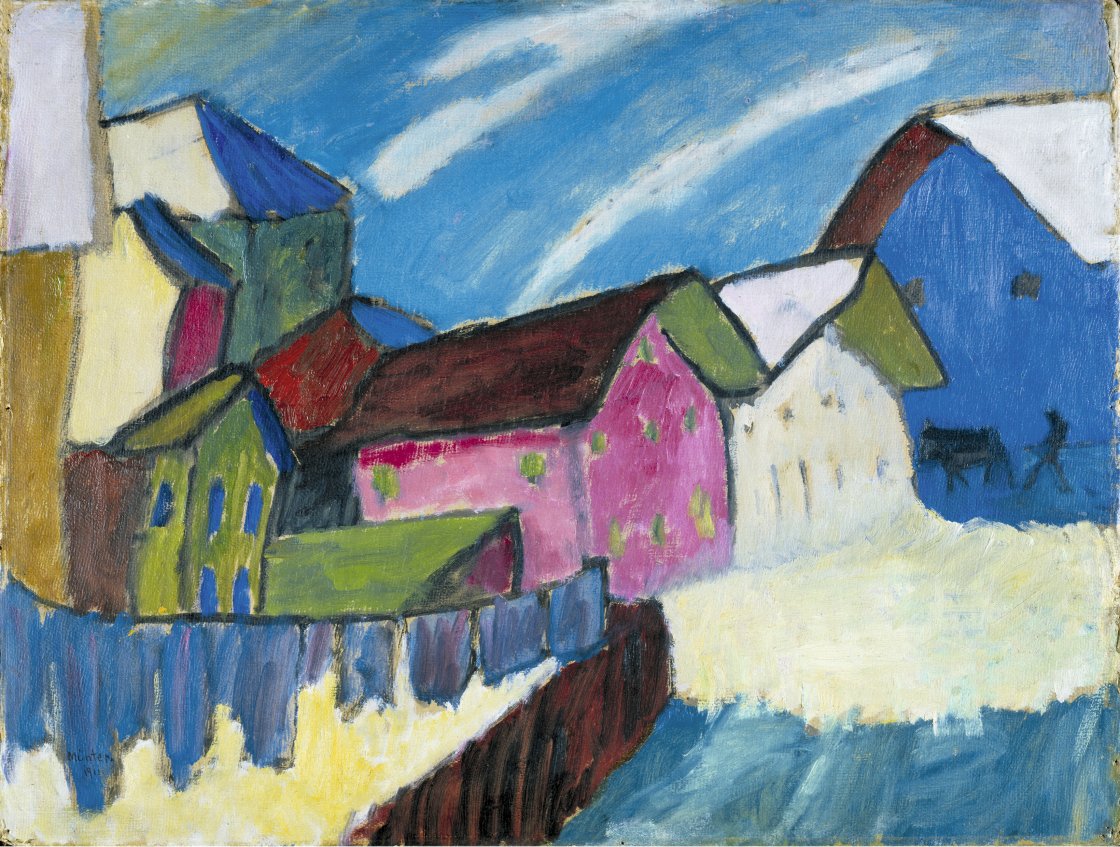 Gabriele Münter. Calle de pueblo en invierno, 1911.  Cartón. 52,4 x 69 cm. Städtische Galerie im Lenbachhaus und Kunstbau München, Múnich
