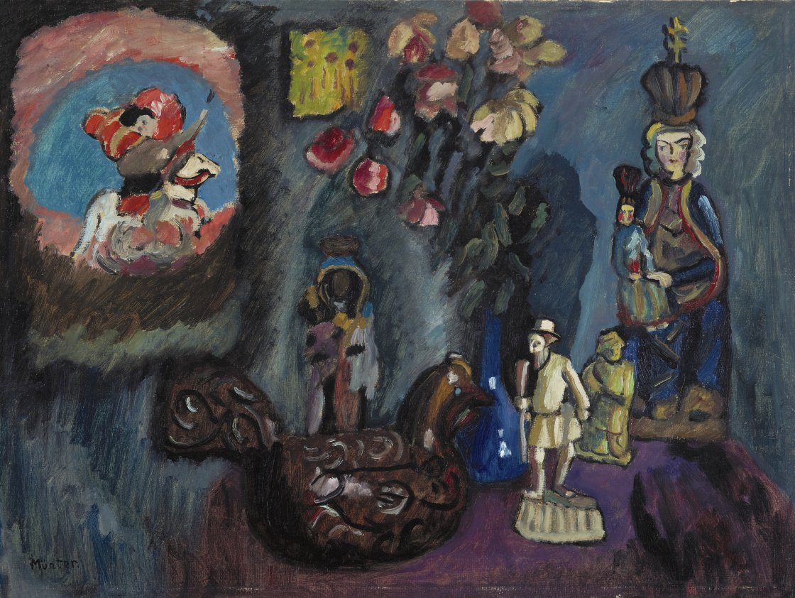 Gabriele Münter. Naturaleza muerta con san Jorge, 1911.  Städtische Galerie im Lenbachhaus und Kunstbau München, Múnich