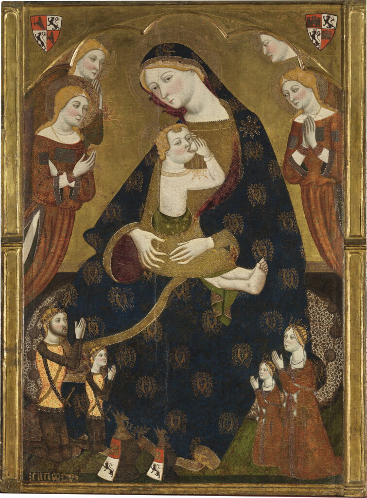 Jaume Serra. Virgen de la Humildad con los donantes Enrique II de Castilla, Juana Manuel, y dos de sus hijos, 1366-1369. Museo Nacional del Prado, donación de la familia Várez Fisa