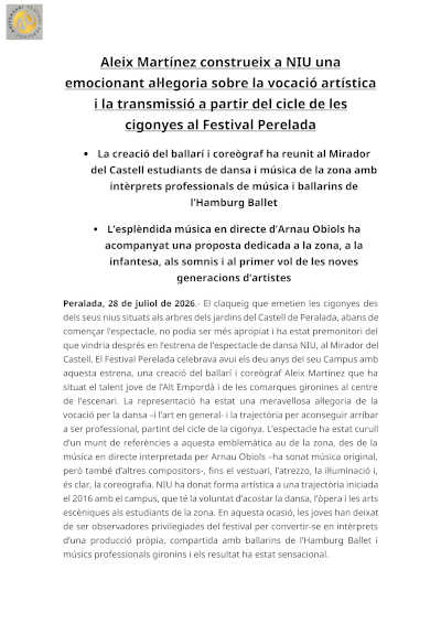 El Festival Perelada celebra el 10.º aniversario del Campus Peralada con el estreno de «NIU»
