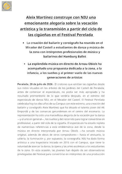 El Festival Perelada celebra el 10.º aniversario del Campus Peralada con el estreno de «NIU»